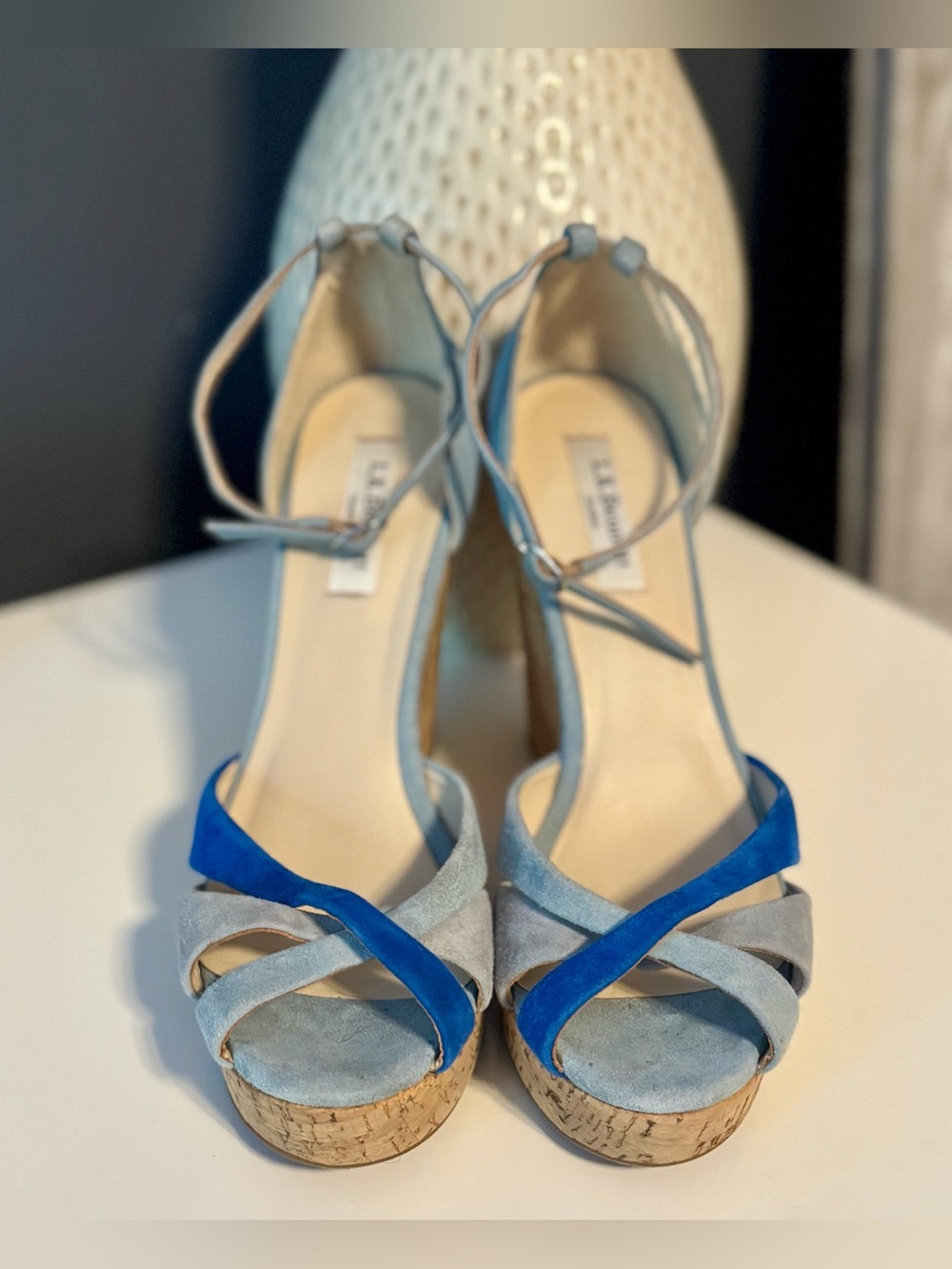 L.K. Bennett Suede Blue Strappy Wedge Sandal Shies. Brand New. Size 39.5 US 8